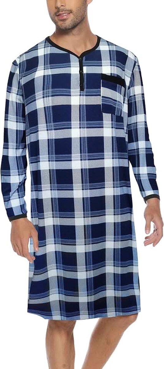 Nachthemd voor heren, katoenen pyjama met lange mouwen, korte mouwen, pyjama-bovenstuk, lang T-shirt, ronde hals met knopen, huiskleding, grote maat, zacht, comfortabel