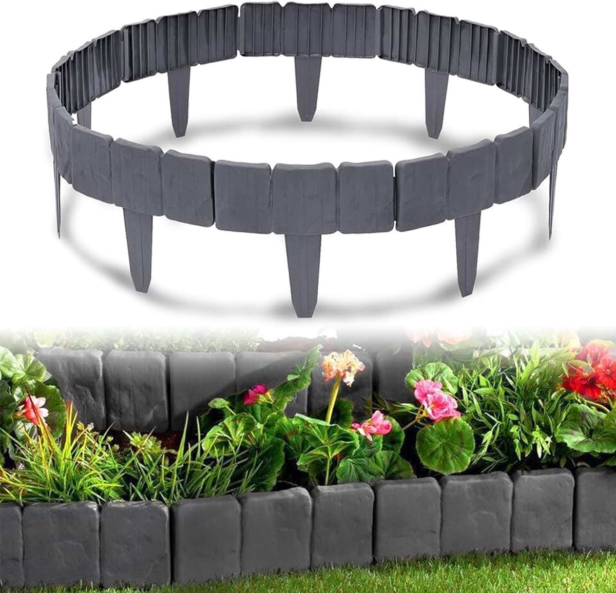 Kunststof gazonrand 20m Steenlook Tuinrand van Polypropyleen, Maaibedrand Palissade Tuin decoratief, 1 Element BxHxD: 25x23x1 cm, Antraciet