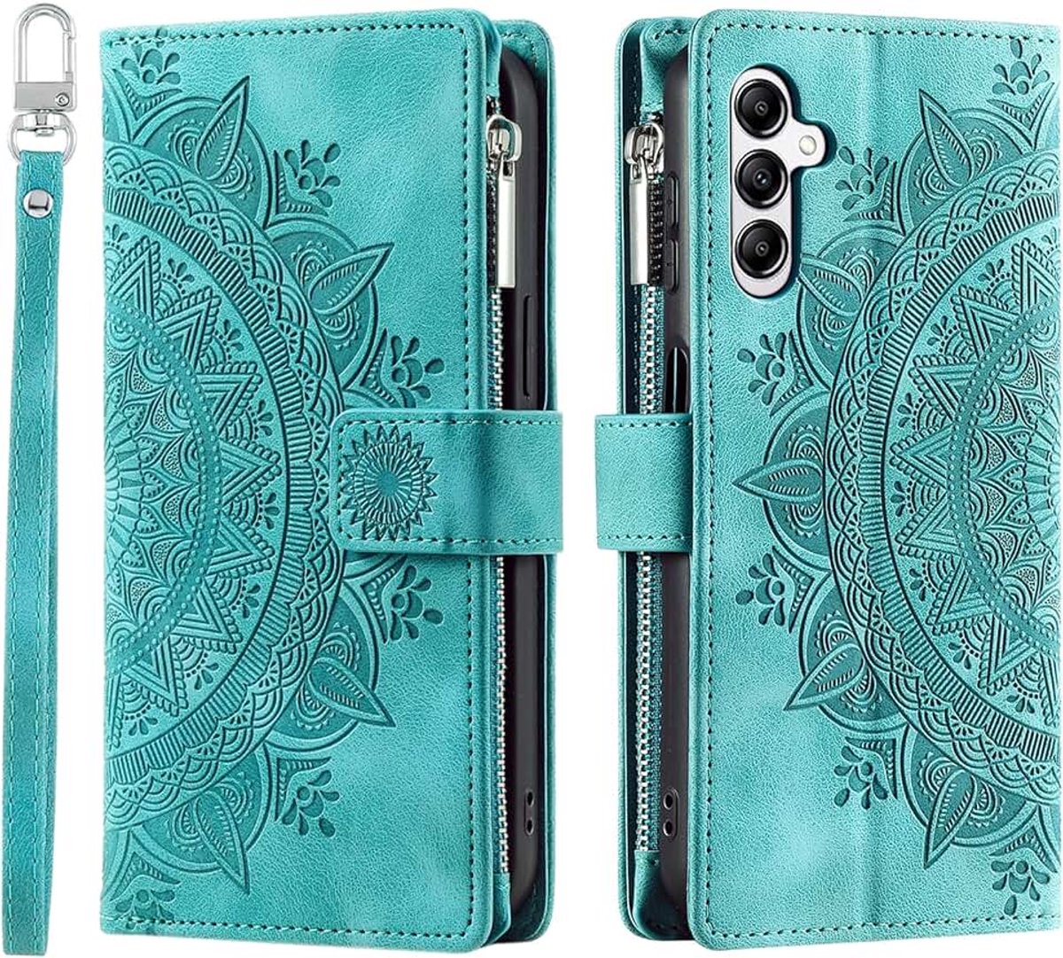 Hoesje voor Samsung Galaxy A54 5G Bloem Flip Hoesje Beschermend Leren Folio Boek Telefoon Hoesje met Kaartsleuven Kickstand Rits Vak - Groen