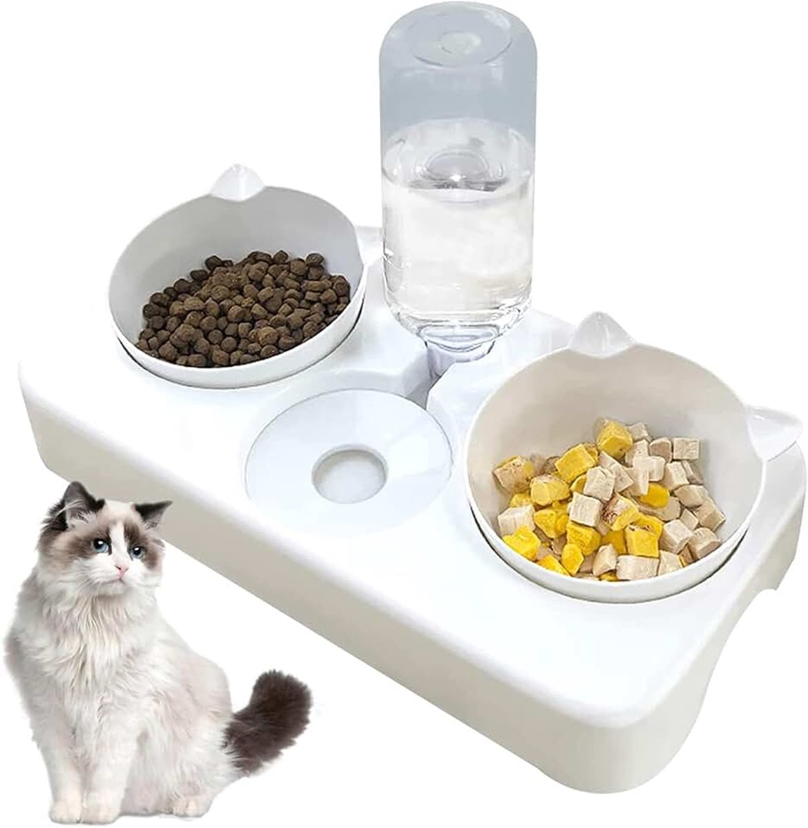 Voerbak voor katten, 3-in-1 geautomatiseerde voerbak en waterdispenser voor kat en hond, 8° dubbele bak, vermindert nekpijn voor katten en honden, afneembaar (wit)