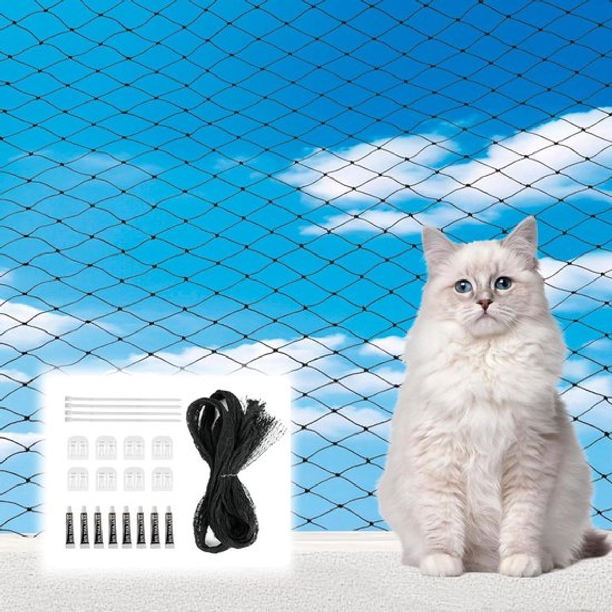 Kattennet voor balkon - Zelfklevende haken en siliconenlijm - 3 x 5 m - Zonder boren - Weerbestendig