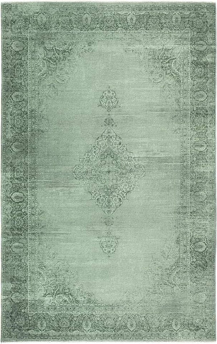 Tapijt Woonkamer 155x225 Groen – Laagpolig Vintage Vloerkleed Wasbaar 30°C Anti-slip Gerecycled Katoen Franjes Belgisch Design