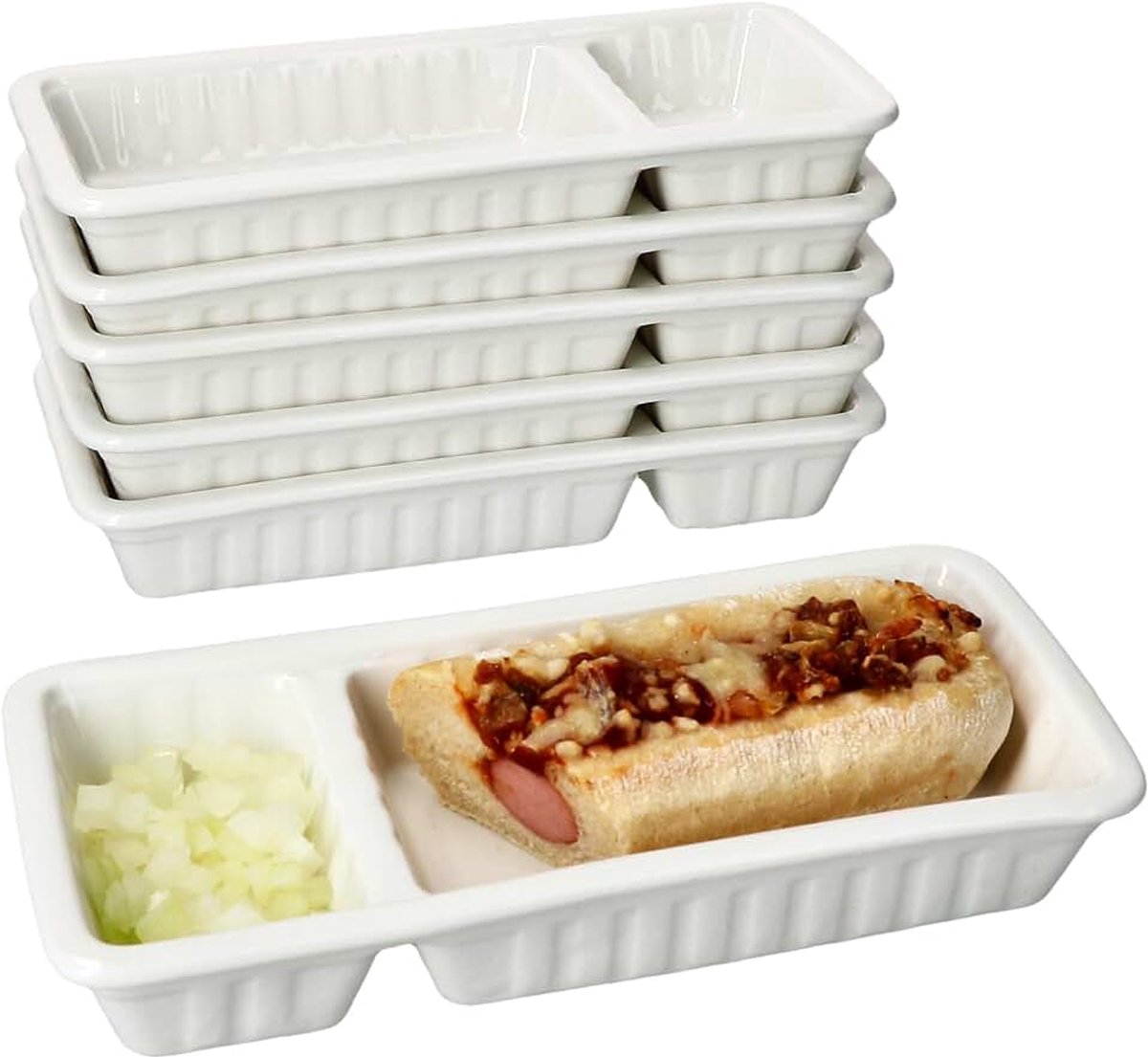 Set van 6 frikandelkommen wit van porselein, 20 x 9,5 x 3,3 cm (l x b x h), serveerschalen met 2 gebieden voor sauzen en bijgerechten, voor frikandel, buletten, nuggets, nachos en snacks