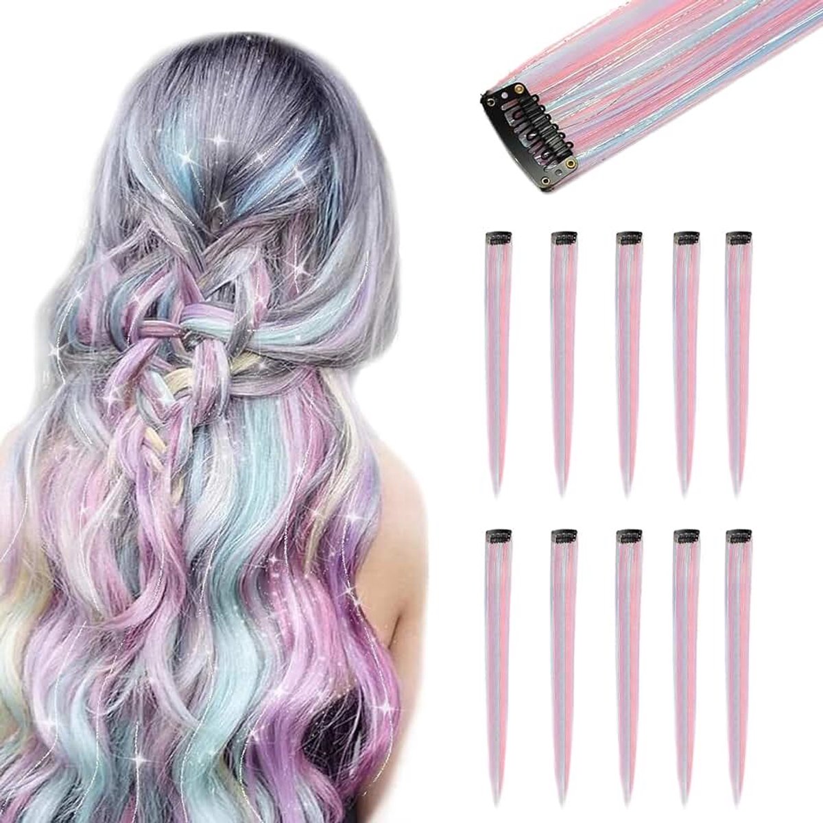 Haarextensions, 10 stuks, kleurrijk, lang, glad, voor vrouwen, kinderen, meisjes, 55 cm, party, festival, cosplay