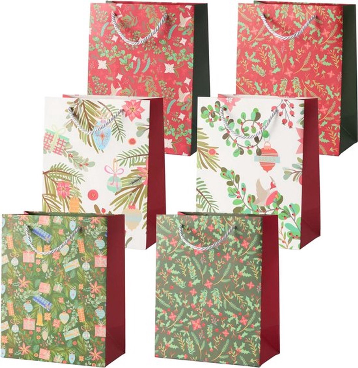 6 grote kerstcadeauzakjes in feestelijke kerstontwerpen - set van 6, geassorteerd, 24cm x 18cm