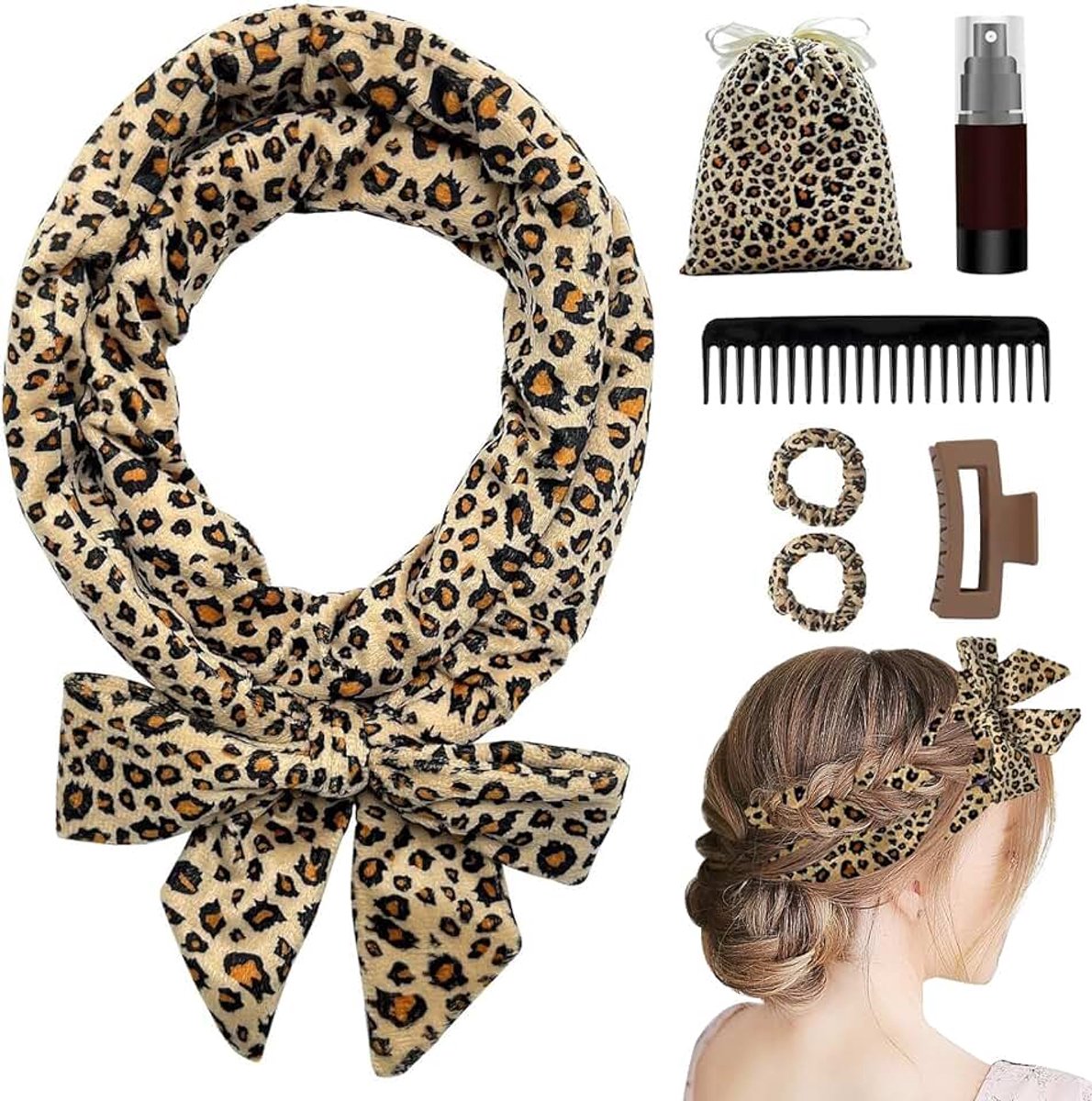 Krulspelden zonder hitte, Heatless Curls bandset antislip krulspelden, 's nachts DIY haarkruller met haarspeld krullen voor lang middellang haar (luipaardpatroon)