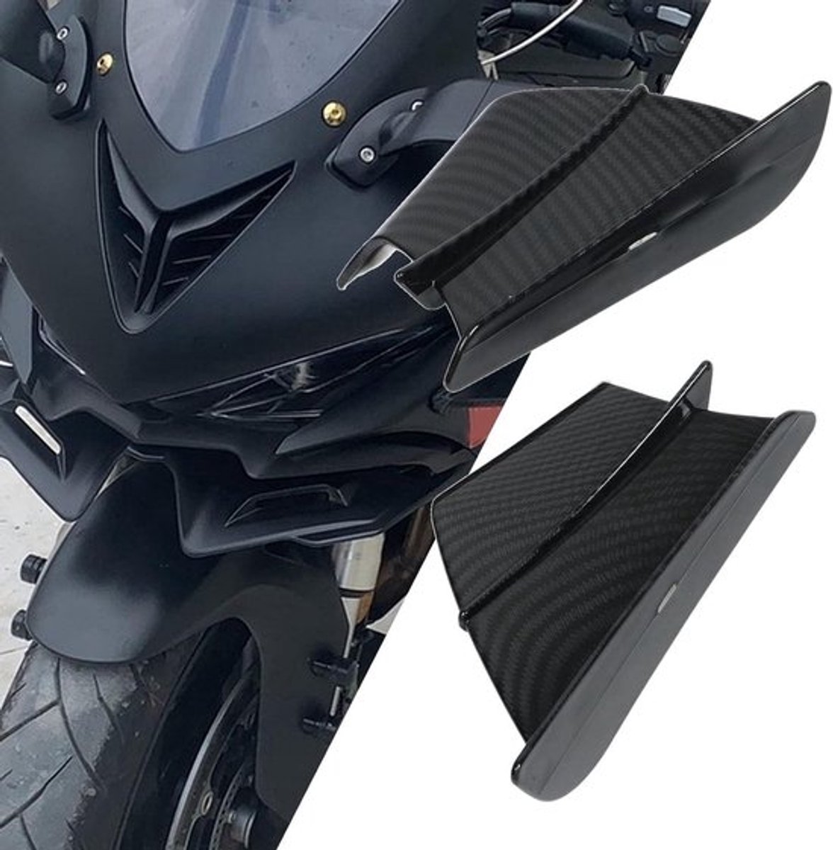 Motorfiets Wind Vleugel - Aeromische Vleugel - Koolstofvezel Stijl - Side Stroomlijnkappen - Winglets - Universal Fit: Geschikt voor alle modellen - Zwart - Set van 2