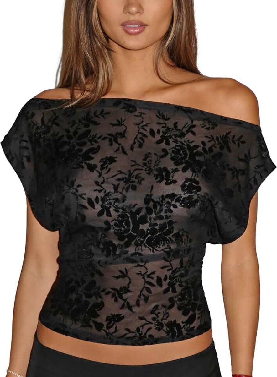Mesh bovendeel dames kant off off shoulder tank top schoudervrije vleermuismouwen netshirt voor festival party