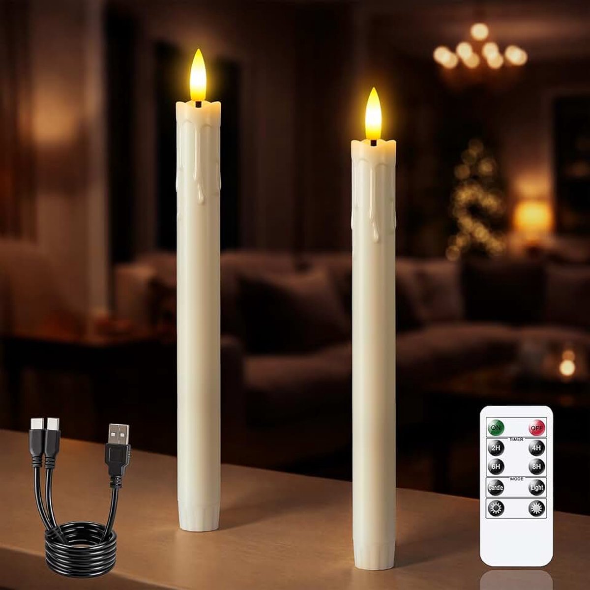 Vlamloze timer afstandsbediening taper kaarsen, 2 stks 0,87 inch x10 inch LED flikkerende druipende wax venster hoge nep ivoor plastic kandelaars