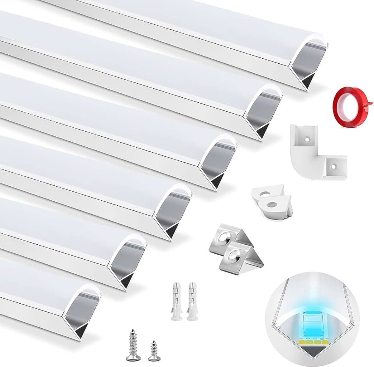 Aluminium Kanaal, HOMMAND 6 x 1m LED Aluminium profiel, LED Strip Kanaal en Diffuser, LED Strip Profiel met Hoekverbinder, Plakband, Eindkappen, Montage Clips, LED Profiel V Vorm 6m