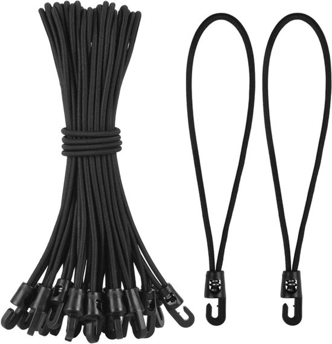 42-delige set elastische koorden 25 cm met haken voor camping, tenten en luifels - zwart.
