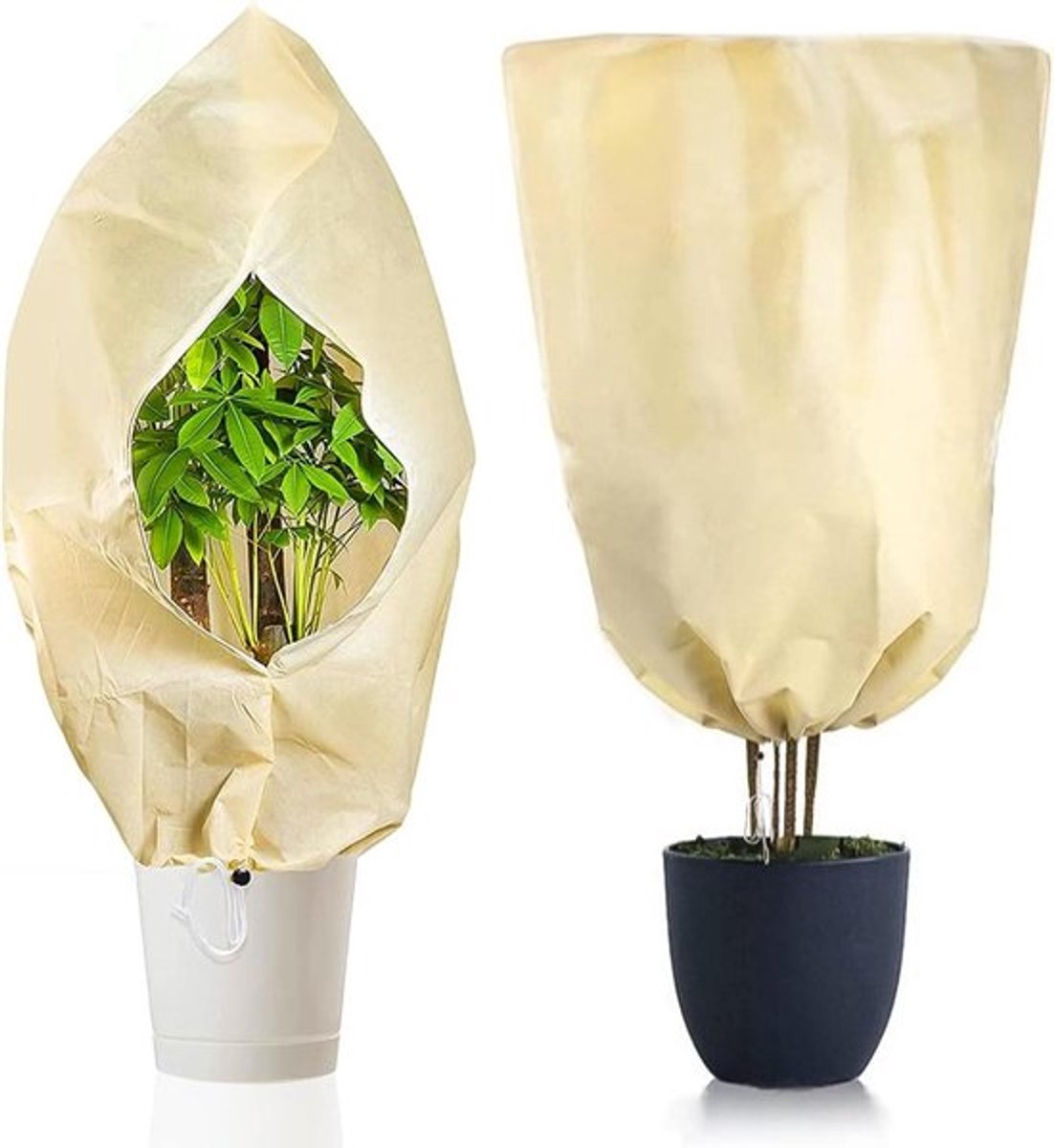 Beschermhoes voor planten tegen vorst en kou, 80 x 100 cm, winterbescherming voor potplanten met ritssluiting en trekkoord, ademend en scheurvast, beige kleur