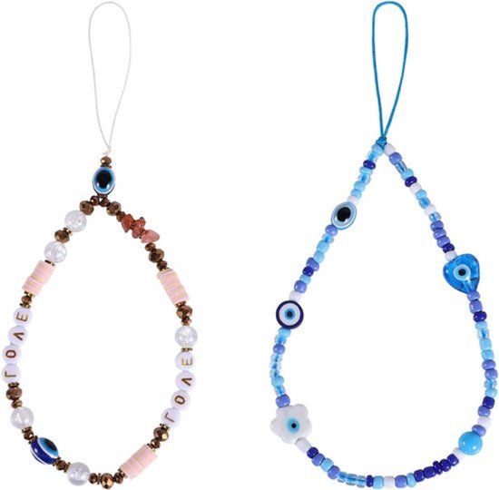 Boze Oog Telefoon Charme met Kralen Lanyard en Polsband voor Vrouwen - Set van 2 - Blauw en Bruin - Trendy Accessoires - Bescherming tegen Negatieve Energien.