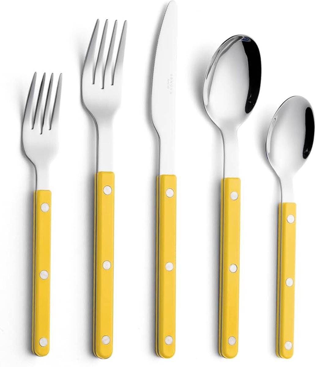 Zilverwerk Set, Retro/Klinknagel Kleurrijk Roestvrij Staal Servies Keuken Bestek Set Gebruiksvoorwerpen, Inclusief Dinermessen, Vorken, Lepels, Saladevorken & Dessertlepels (geel, 10 stuks)
