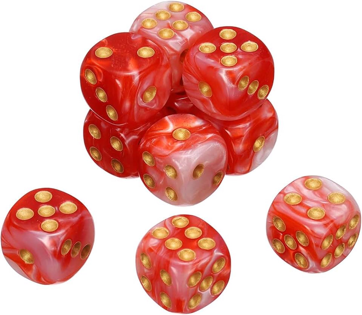 10 stuks 6 gekleurde standaard dobbelstenen, 16 mm D6 mini-polyhedrisch parelpatroon tweekleurig dobbelstenen set voor tafelspellen, rood/wit, gouden stippen