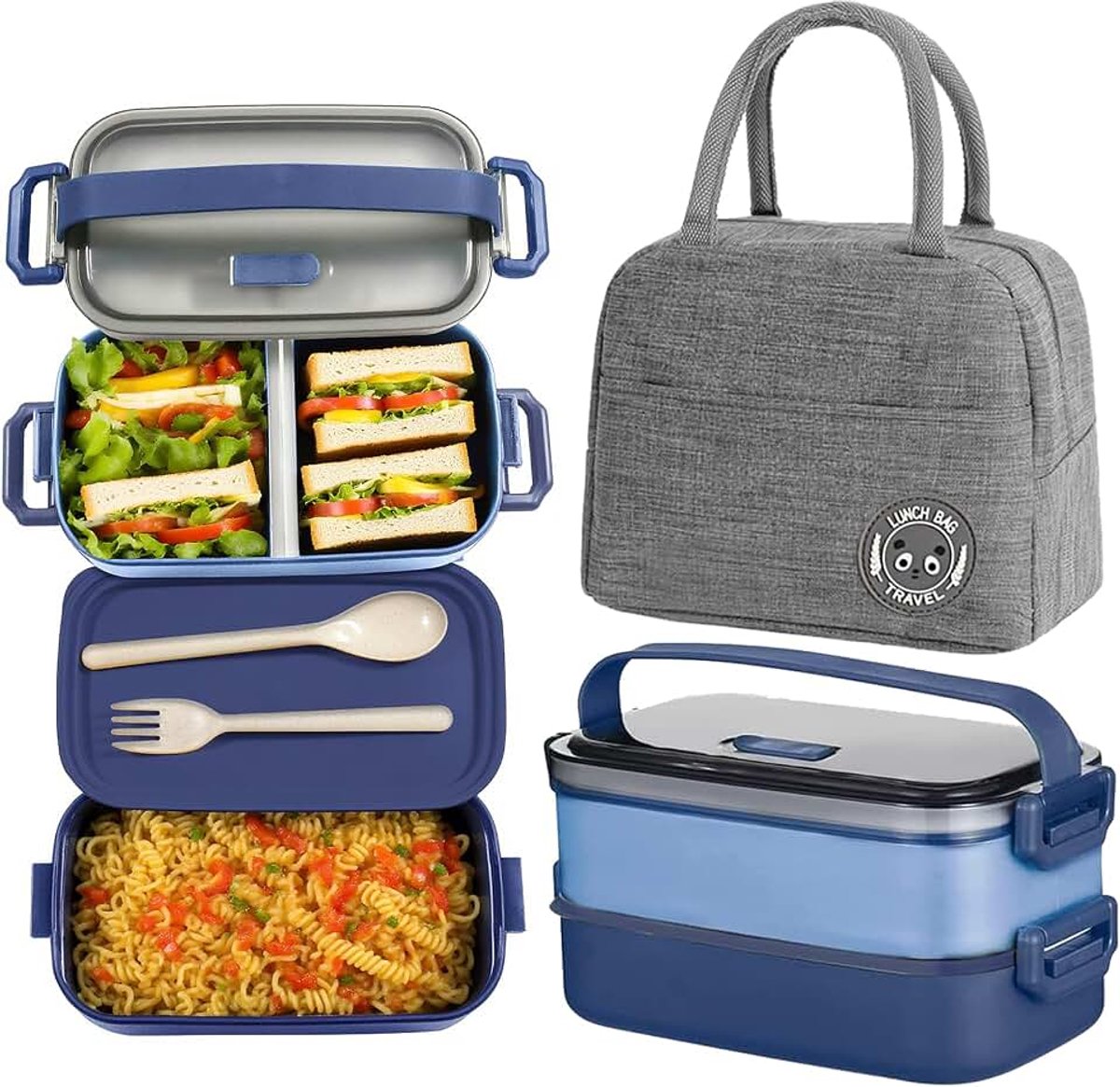 Box Kit, 1600 ml, 2 lagen, luchtdicht, voor kantoor met bestek en koeltas, bento box, magnetron, voor picknick, school, kantoor, volwassenen (blauw)