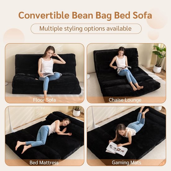 Vloermatras - Zitzak Bank - Ontspannen Zitten - Opvouwbaar Ontwerp - 100 x 240 cm - Zwart — afbeelding 2