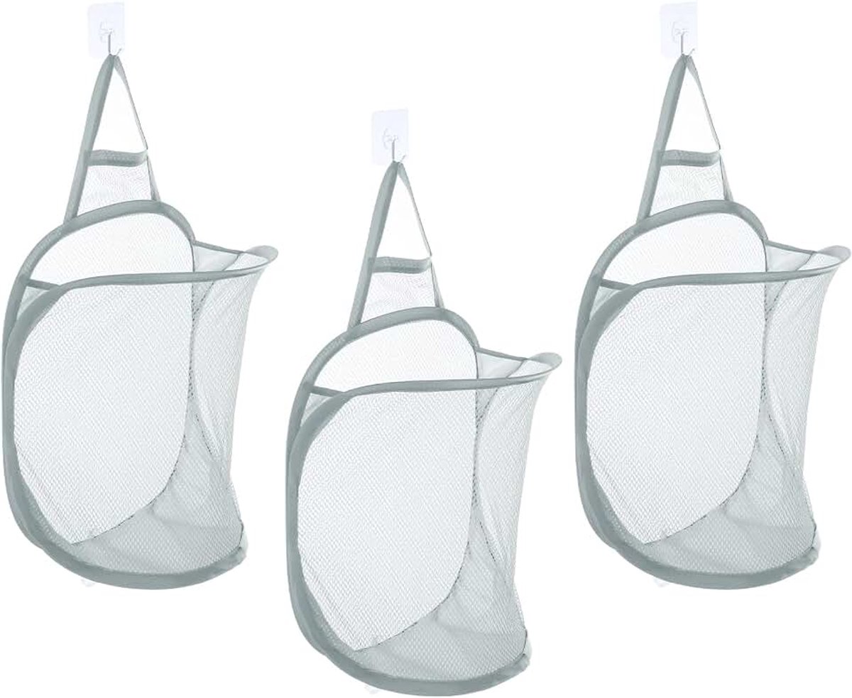 3 stuks hangende waszak, opvouwbare mesh-wasmand met haken voor het opbergen van vuile kleding thuis, campinguitstapjes, hotelgebruik, grijs
