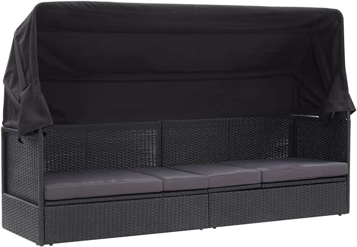 Ligstoel tuinstoel strandstoel outdoor bank bed met dak polyrotan zwart voor tuinen, zwembaden, terrassen
