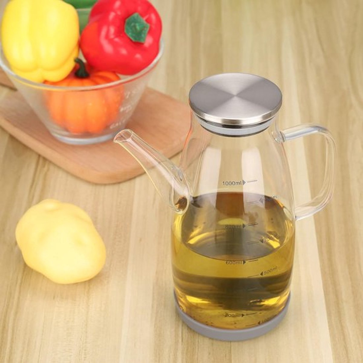 Glazen oliefles 1 liter - Oliedispenser met grote capaciteit - Lekvrije oliedispenser voor keuken, BBQ - Oliedispenser met duidelijke schaal
