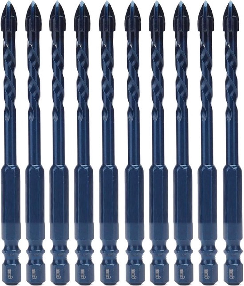 10 stuks 1/4 inch zeskant-schacht steenboorset met 4 snijkanten kruis-speerpuntboor gereedschap (6 mm bore marineblauw)