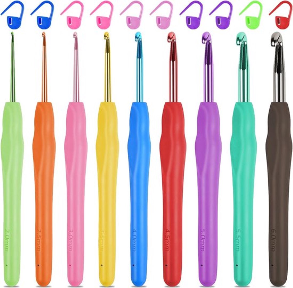 Haaknaaldenset met 9 Stukken en 10 Stekenmarkeringen - Ergonomische Aluminium Haaknaald voor Beginners en Gevorderden