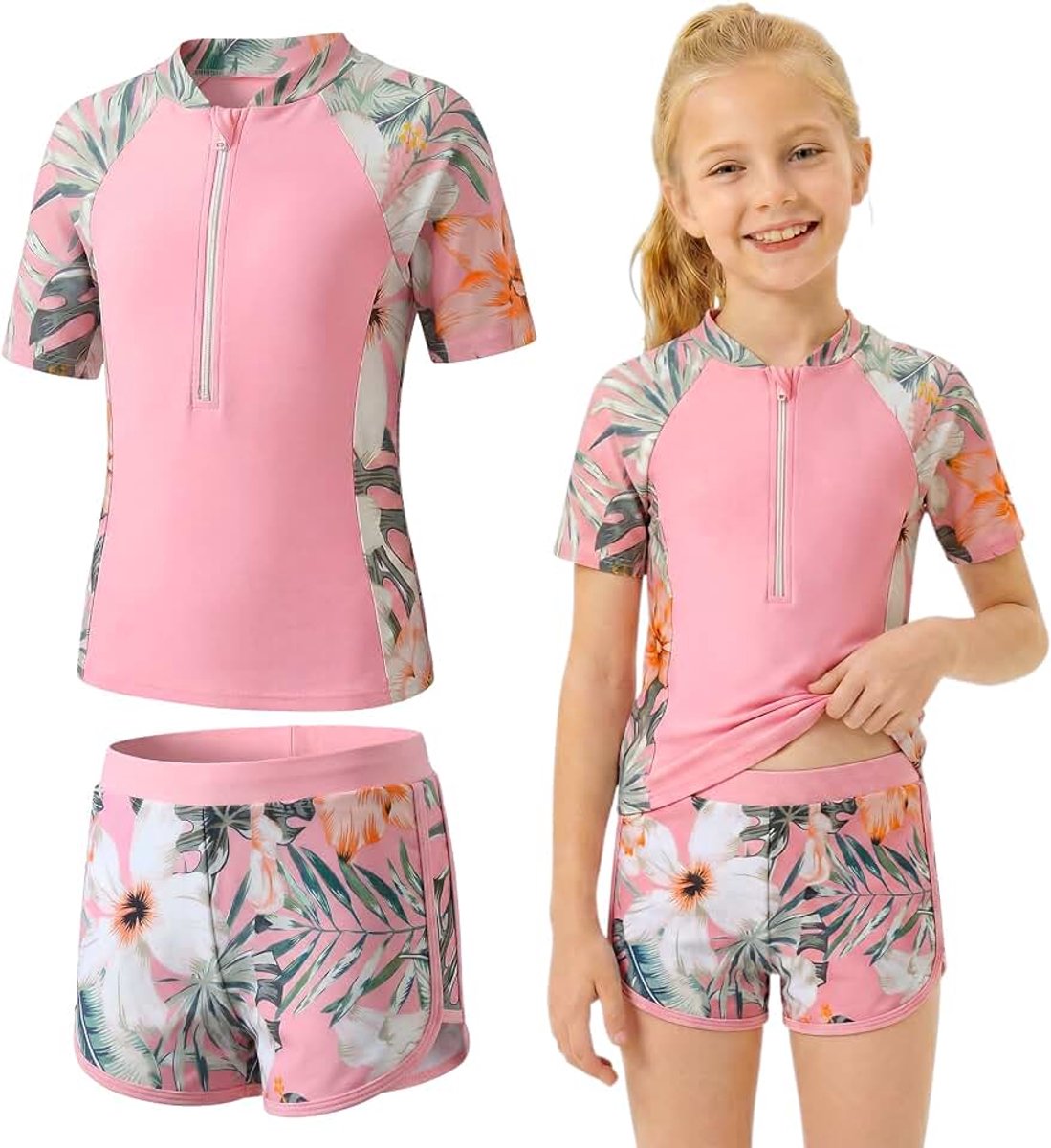 Badpakken voor meisjes: zwempak met korte mouwen en korte broek, tweedelig badpak met bloemenpatroon, sneldrogend, topjes met halve rits + zwembroek, 2-delige set zwemkleding voor 5-14 jaar