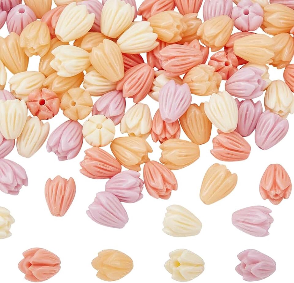 100 stuks 4 kleuren jasmijn bloem kralen, synthetische koraal bloemen spacer kralen voor doe-het-zelf ambachten ketting armband sieraden maken accessoire, 8-8,5 × 6,5-7 mm