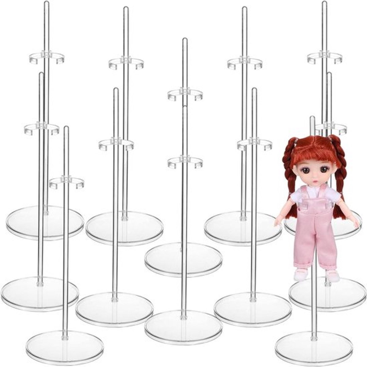 Poppenstandaard - Set van 12 stuks - Verstelbare en transparante tentoonstellingshouders - Voor poppen en actiefiguren - Mini standaard met steunframe
