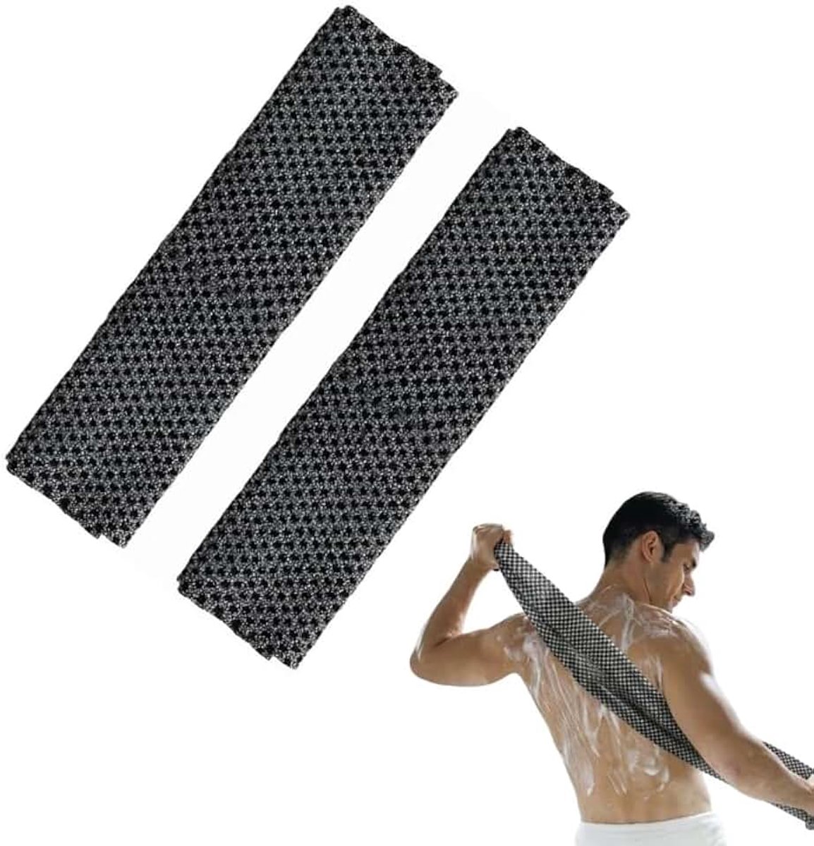 2 stuks peeling-douchehanddoek voor heren, zwart raster, saunahanddoek, extra lang, exfoliërende handdoek, rugschrobber voor douche, Afrikaanse netspons, peelinghandschoen, body peeling, washandje