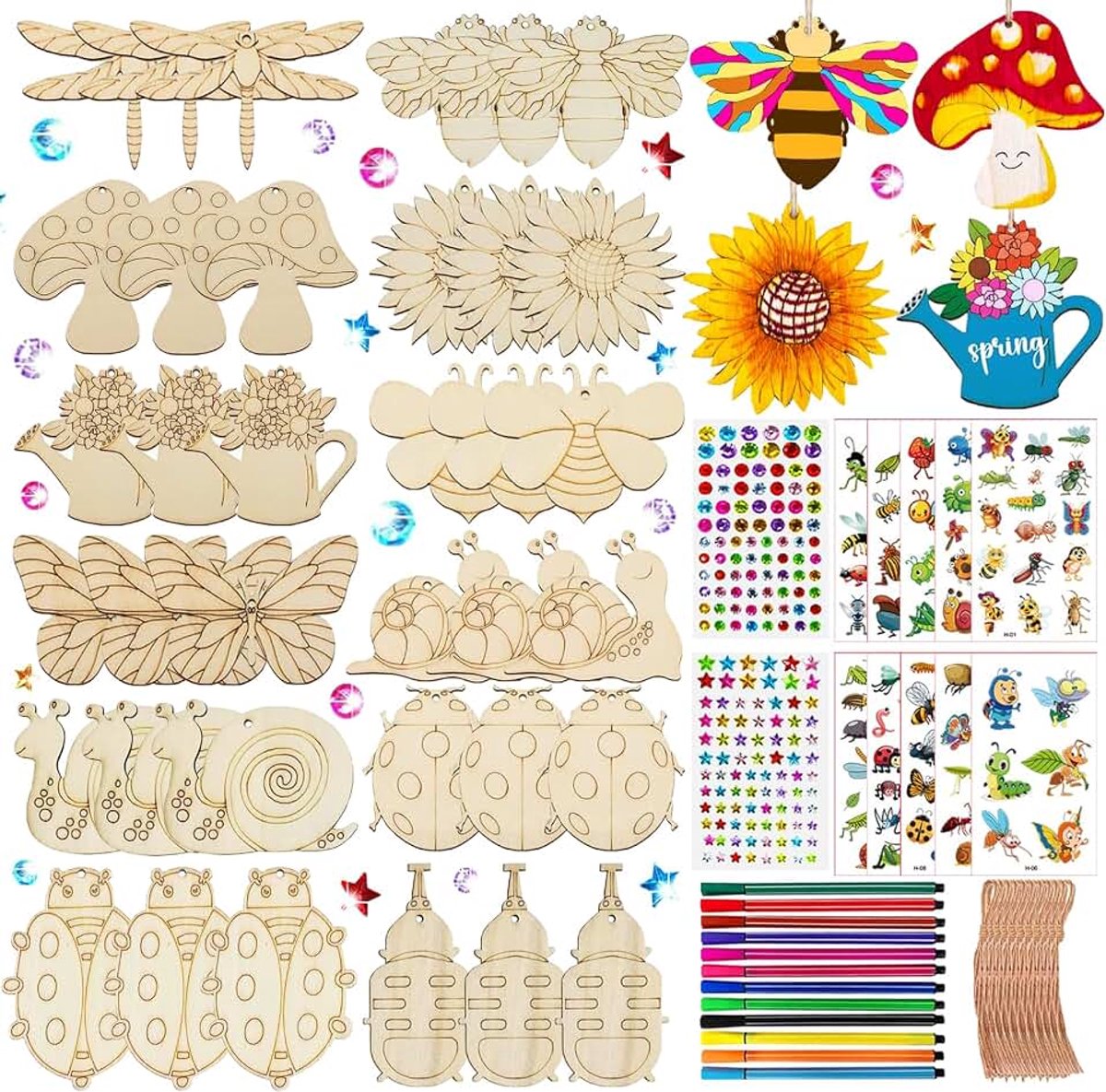 288-delige houten dieren knutselset, knutselen kinderen, knutselen kinderverjaardag, hout knutselen kinderen, kinderknutselset, met 36 houten blokken, 202 strass stenen, 36 koorden, 12