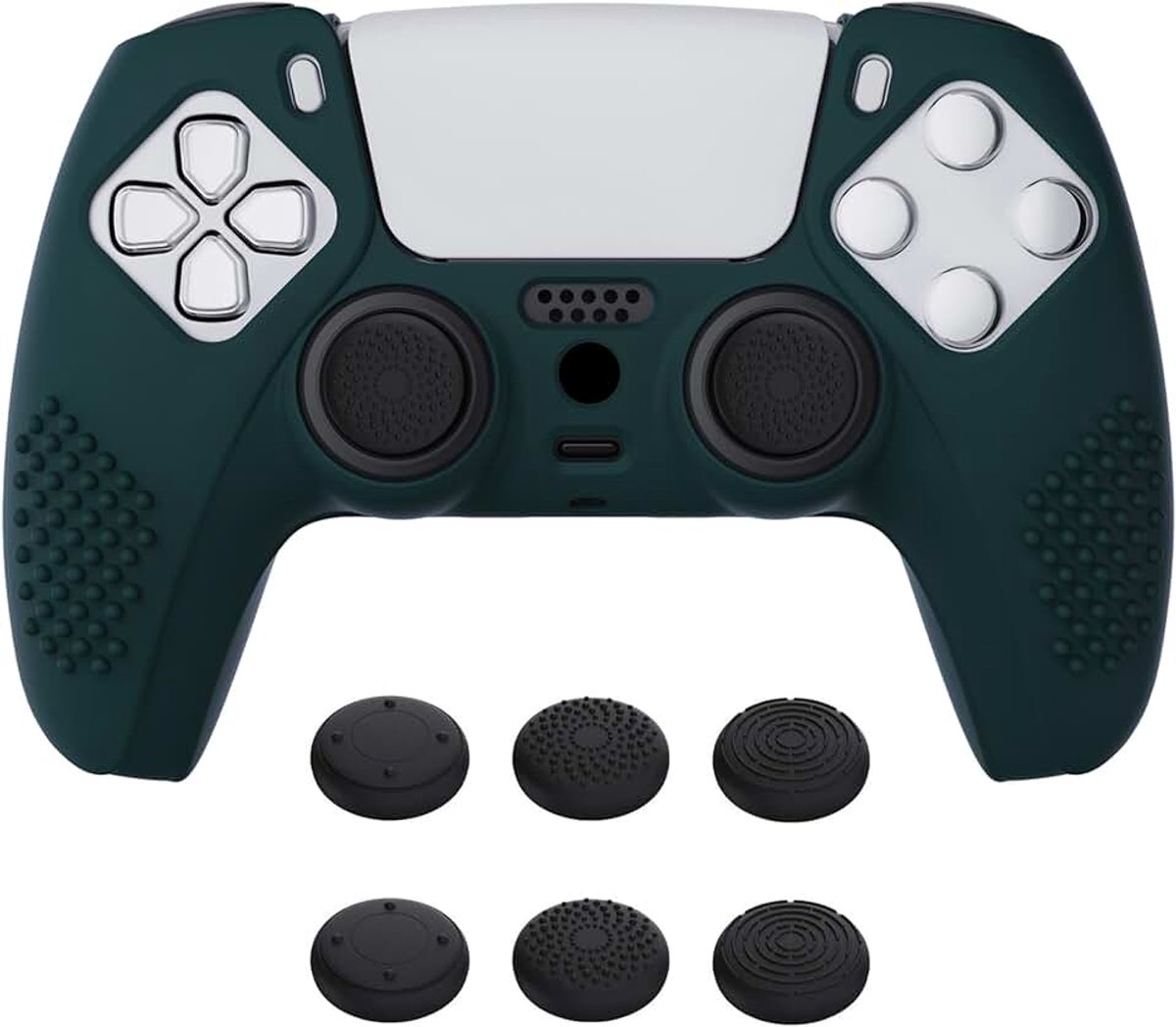 EXtremeRate PlayVital Beschermhoes voor ps5 Controller, Zachte Rubber Siliconen Cover met Anti-slip Grip en 6 Thumbstick Caps - 3D Studded Editie (Racing groen)