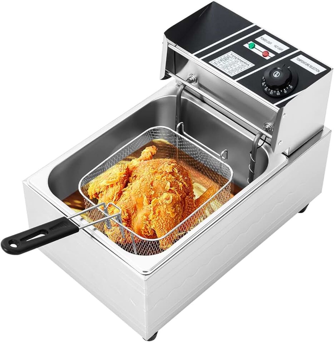 Friteuse, 6 l, roestvrij staal, met mand, thermostaat 60-200 °C, snel opwarmen, eenvoudige reiniging, koude zone voor commercieel en huishoudelijk gebruik, 2500 W