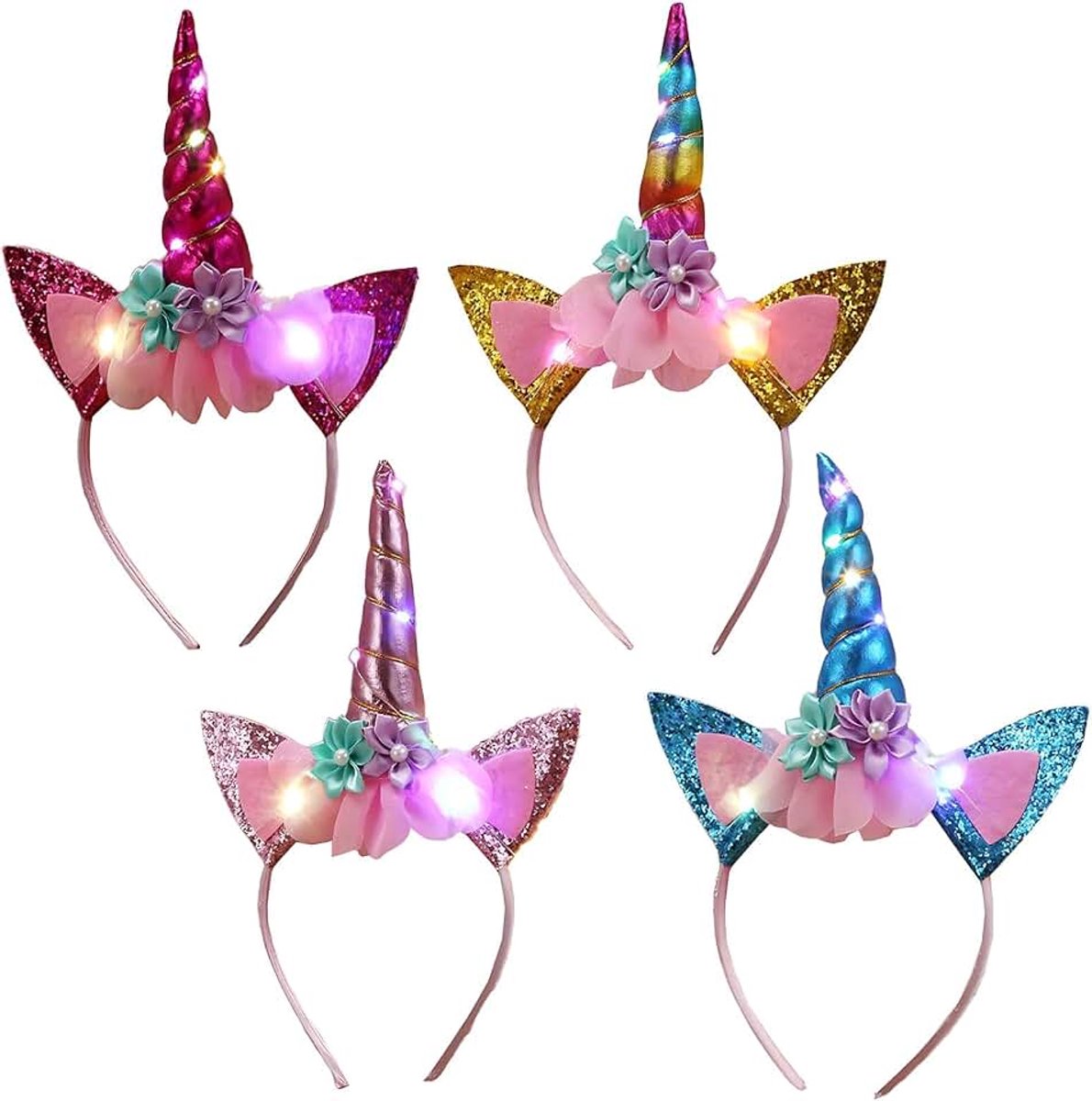 4 x LED-Eenhoorn-Haarbanden voor Meisjes en Volwassenen - Met Haaraccessoires en Hoorn-Oren voor Pasen, Verjaardag, Feest