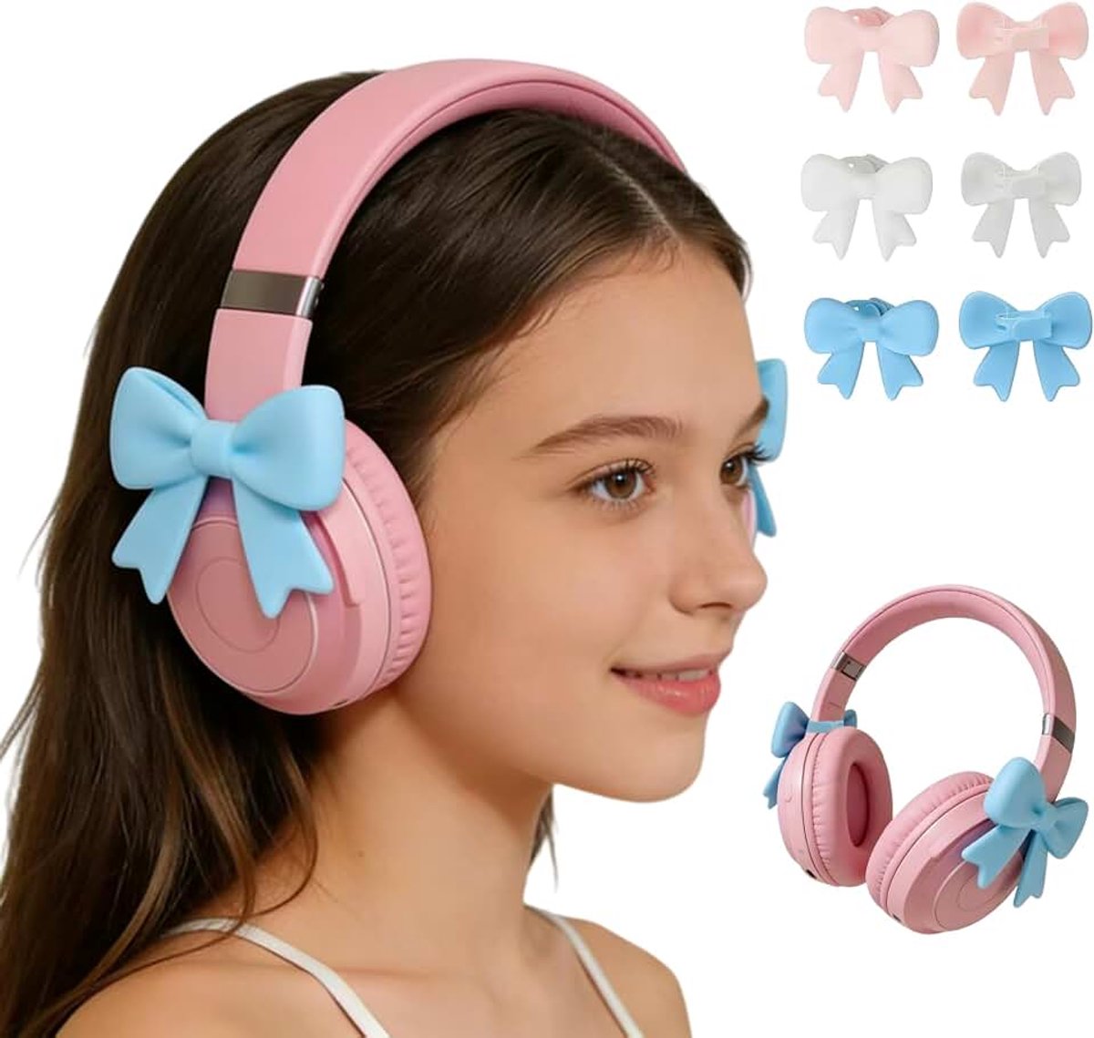 Strikjes voor hoofdtelefoon, universele hoofdtelefoon strik opzetstuk, schattige strikjes decoratie met verstelbaar siliconenband, hoofdtelefoon strikjes voor 3–7 cm omtrek (Blauw, strik)