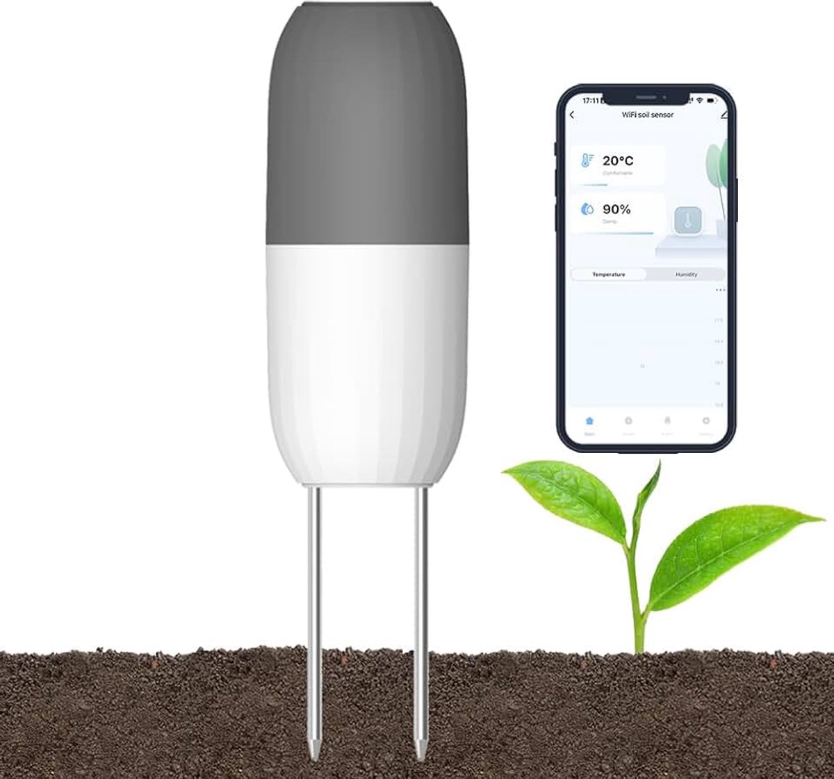 Slimme bodemvochtigheidssensor, WiFi bodemvochtigheids- en temperatuurmeter voor tuin, boerderij, broeikas, waterdicht