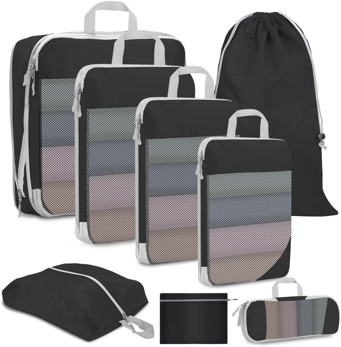 Namajunas - 8 Stuks Packing Cubes - Packing Cubes Compression - Met Compressierits - Packing Cubes Compression - Koffer Organizer - Compression Packing Cubes - Kleding Organizer - Reisaccessoires - Met Schoenenzak - Voor Koffers, Tassen & Backpack