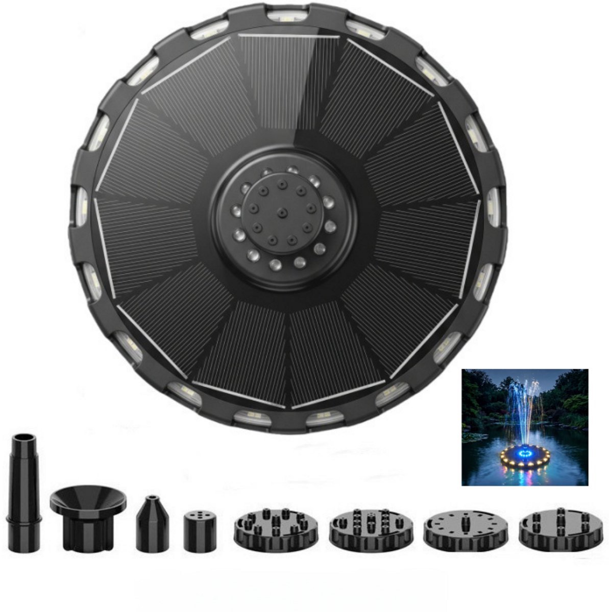 Casalora Fontein- Fontein op zonne energie met LED Verlichting - Waterfontein met Accu 1200mAh, 8 Sproeikoppen voor Vogelbad, Vijver, Tuin & Zwembad