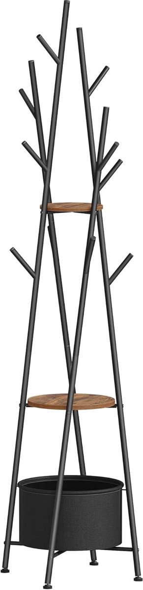 Hzuaneri Kapstok, Kapstok met Grote Opbergmand, 10 Haken en 2 Planken, Metalen Frame, Voor Gangen, Woonkamers, Slaapkamers, 48 x 48 x 186 cm, Rustiek Bruin en Zwart