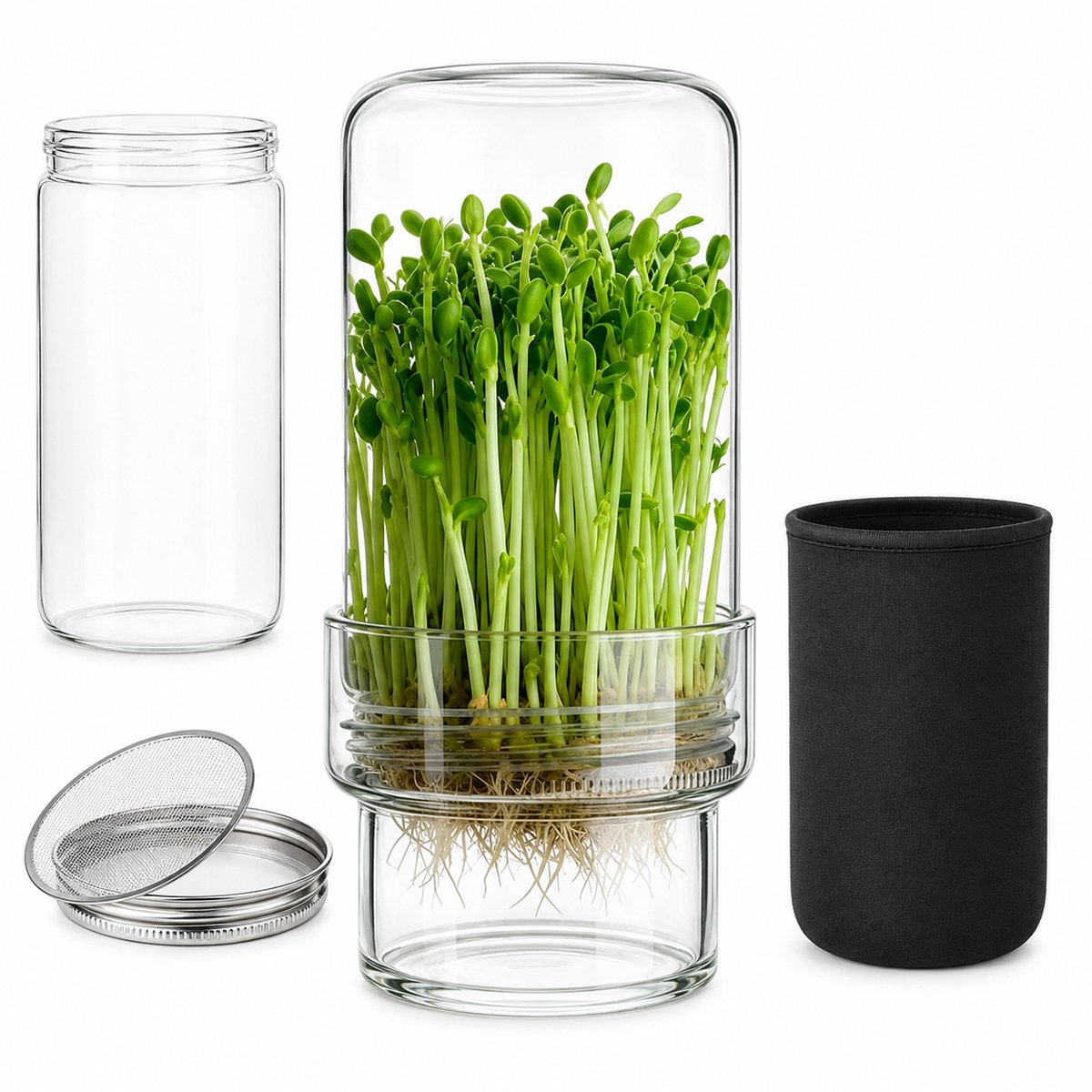 Ulisem - Kiempot Set – Spruitjes Kweekset met Deksel & Verduisteringshoes – Kiemglas voor Broccoli Spruiten Kweken – Binnen Tuinieren voor Keuken, Balkon & Vensterbank