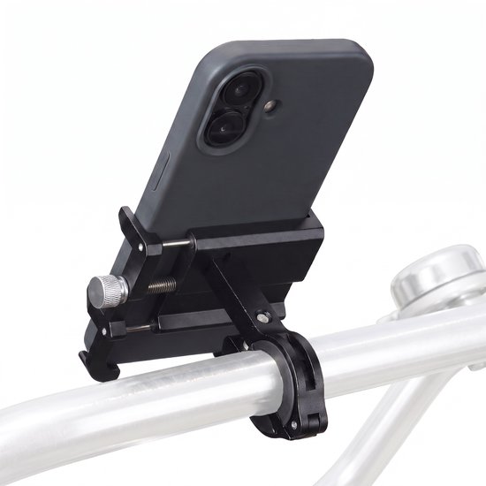 Zwarte telefoonhouder met grijze telefoon op een fietsstuur.