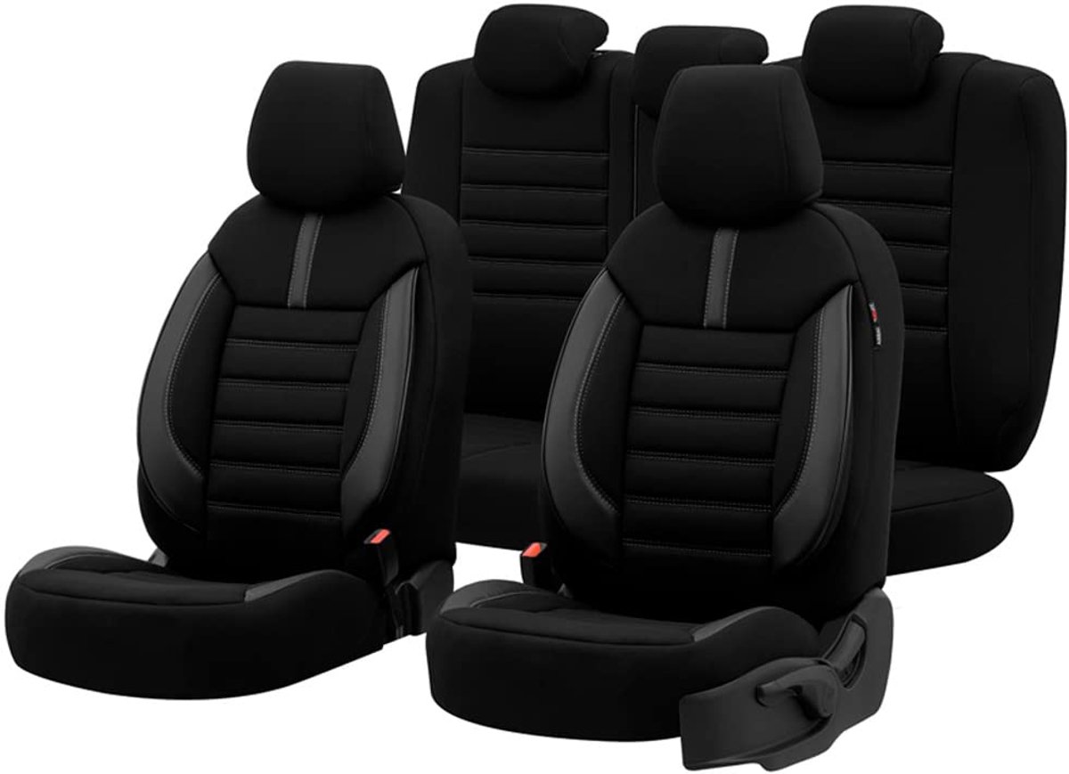 Stoelhoezenset universeel 11-delig - stoffen/leder zwart met grijze stiksels - geschikt voor side-airbags - SnelShoppen
