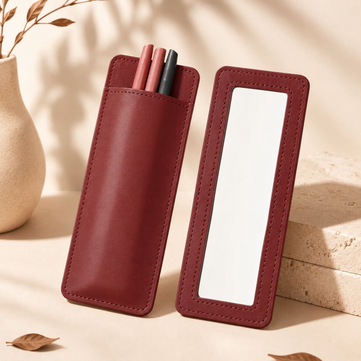 Zirkle Luxe Lippenstift Etui met Spiegel – Draagbare PU-Leren Make-up Organizer voor Lippenstift, Lipgloss, Lipliner, Lippenbalsem & Make-uppotloden – Compact Beauty Etui voor Handtas en Reizen – 16 x 6,5 cm - Wijnrood