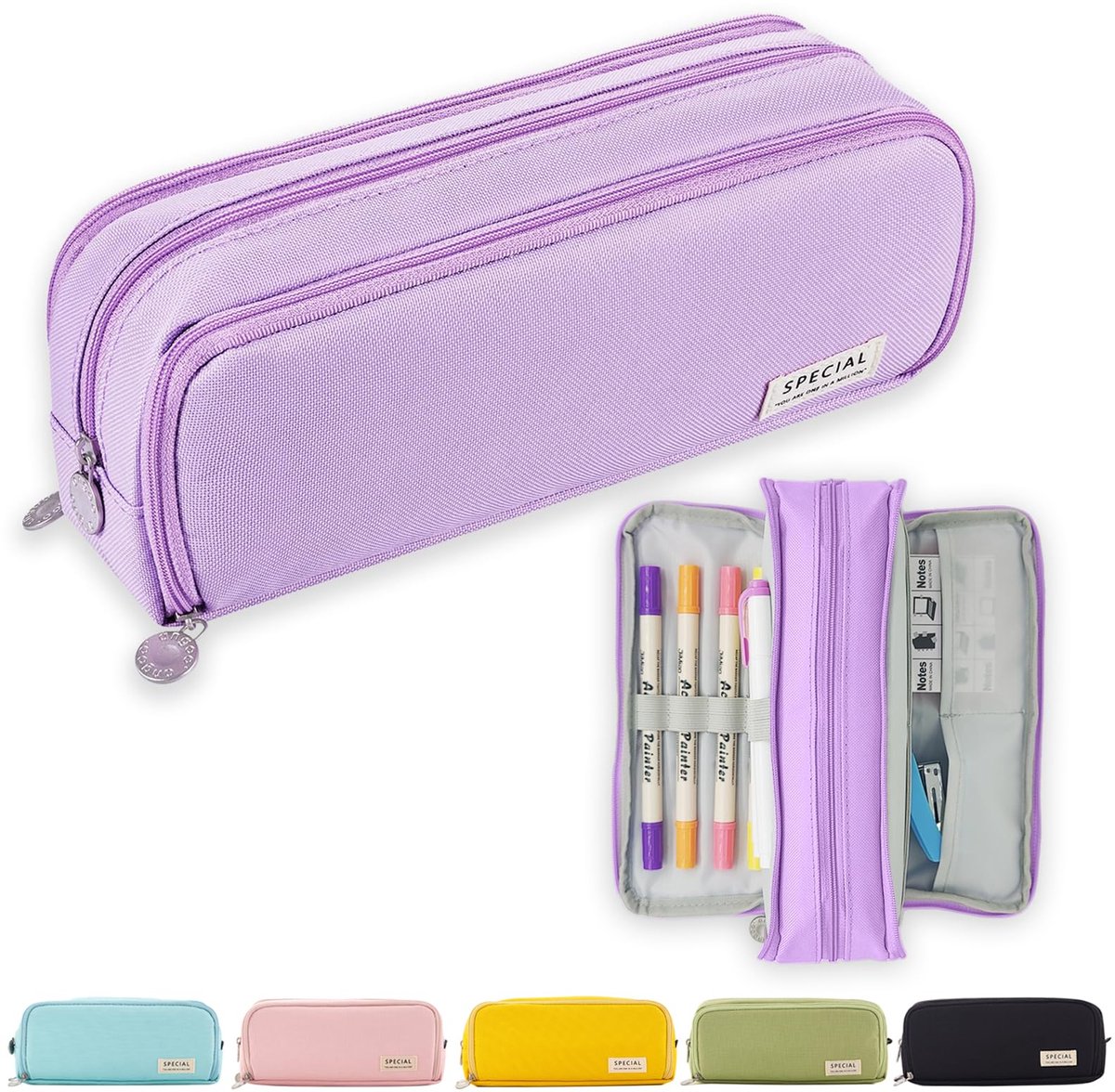 Etui - Multifunctioneel Ruim met 3 Vakken - Etuis voor School Jongens en Meisjes - Kantoor - Pennenzak - Schoolspullen - Schoolbenodigdheden - Reistas Make-uptas kabeltas - Back to School - Paars
