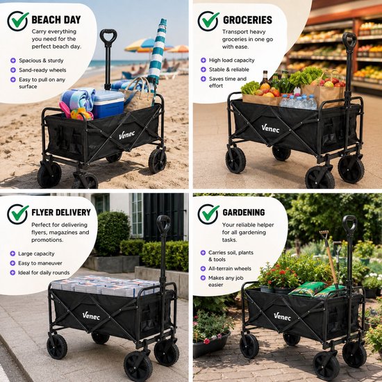 Venec Opvouwbare Bolderkar – Lichtgewicht en Robuust – Max. Draagvermogen 150 kg – Compact Ontwerp 87 x 54 x 76 cm – Verstelbare Stang – Massieve Banden – Inclusief Bidonhouder – Zwart — afbeelding 5