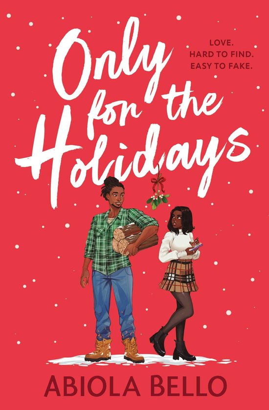 Boekomslag met de titel 'Only for the Holidays'. Een man met houtblokken en een vrouw met een telefoon op rode achtergrond.