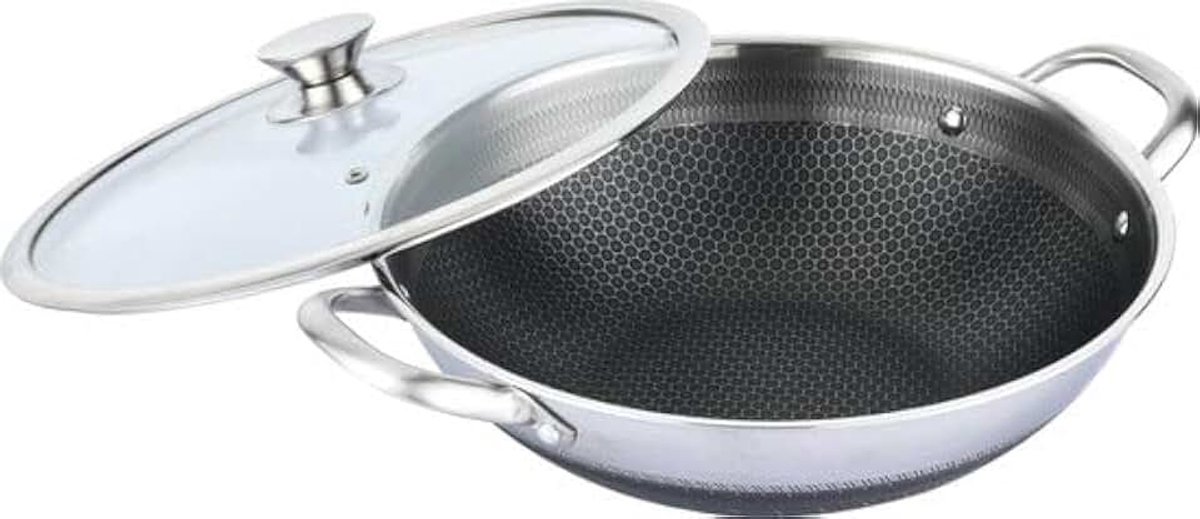 Wokpan 40 cm met Glazen Deksel, Roestvrij Staal, Honingraat Anti-aanbaklaag, Inductie Geschikt, Zilver