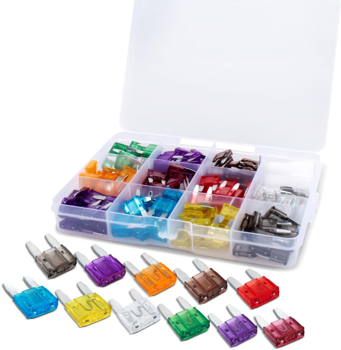 165 stuks Mini Grootte Automotieverzekering, 2A tot 40A Platte Autoverzekering met 2 Plastic Clips voor Auto, Vrachtwagen en Motorfiets