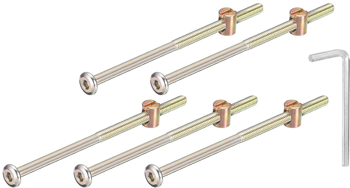 5 stuks zeskantschroeven, moeren van vat, M6 x 120 mm, meubelstopcontact voor bedden, vatmoeren, met sleutel voor bedstoelen, kleur brons