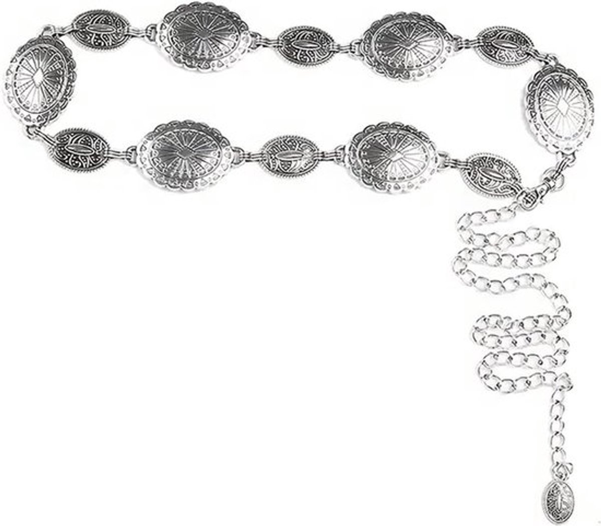 Boho Western Kettingriem voor Vrouwen, Verstelbare Vintage Tailleketting voor Jurken, Jeans enrokken met Zilveren Concho's